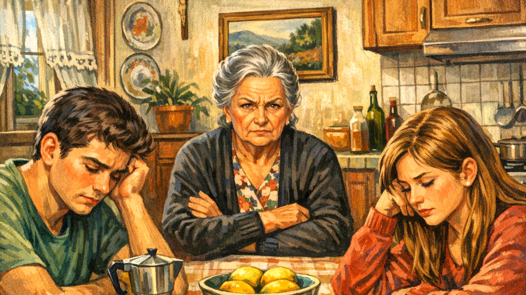 La nonna esercita pressioni eccessive sui nipoti adolescenti riguardo ai risultati scolastici, alle performance sportive e alle aspettative di comportamento, creando tensione nel rapporto e causando stress nei ragazzi che si sentono costantemente giudicati e mai all'altezza delle sue aspettative."