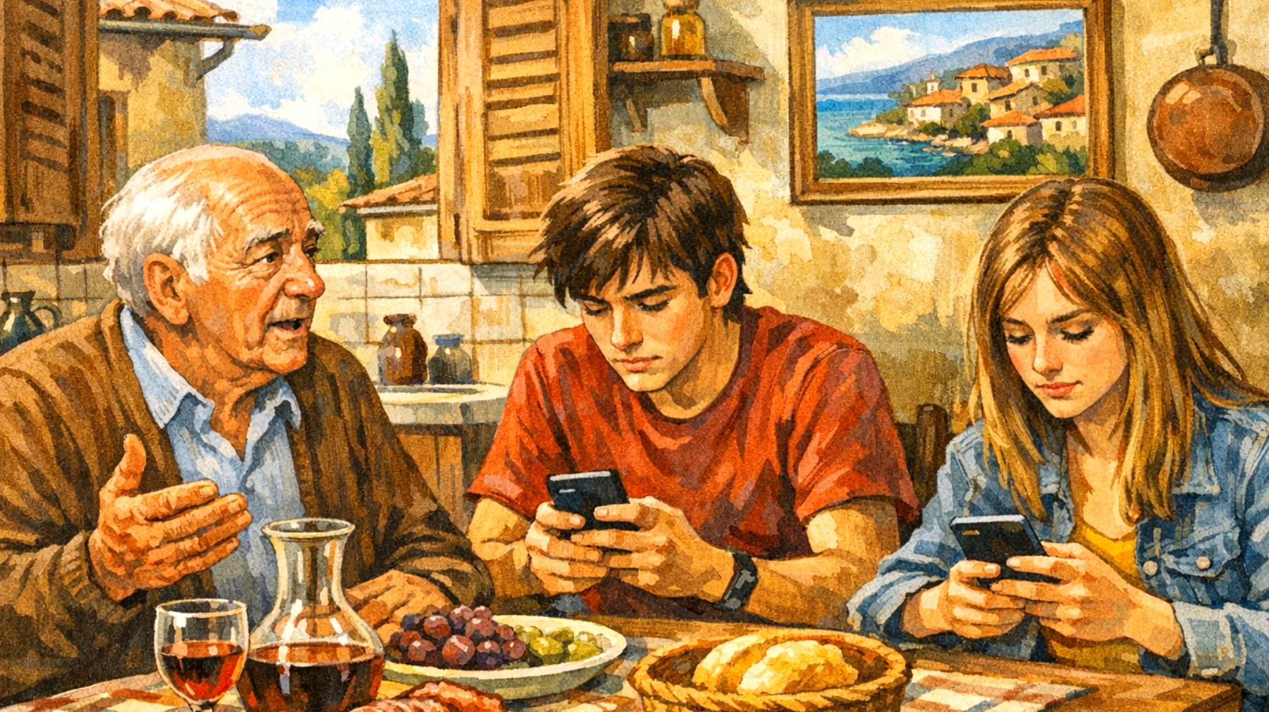 Il nonno fatica a comunicare con i nipoti adolescenti che sembrano distanti, rispondono a monosillabi e mostrano poco interesse nel dialogo con lui"
