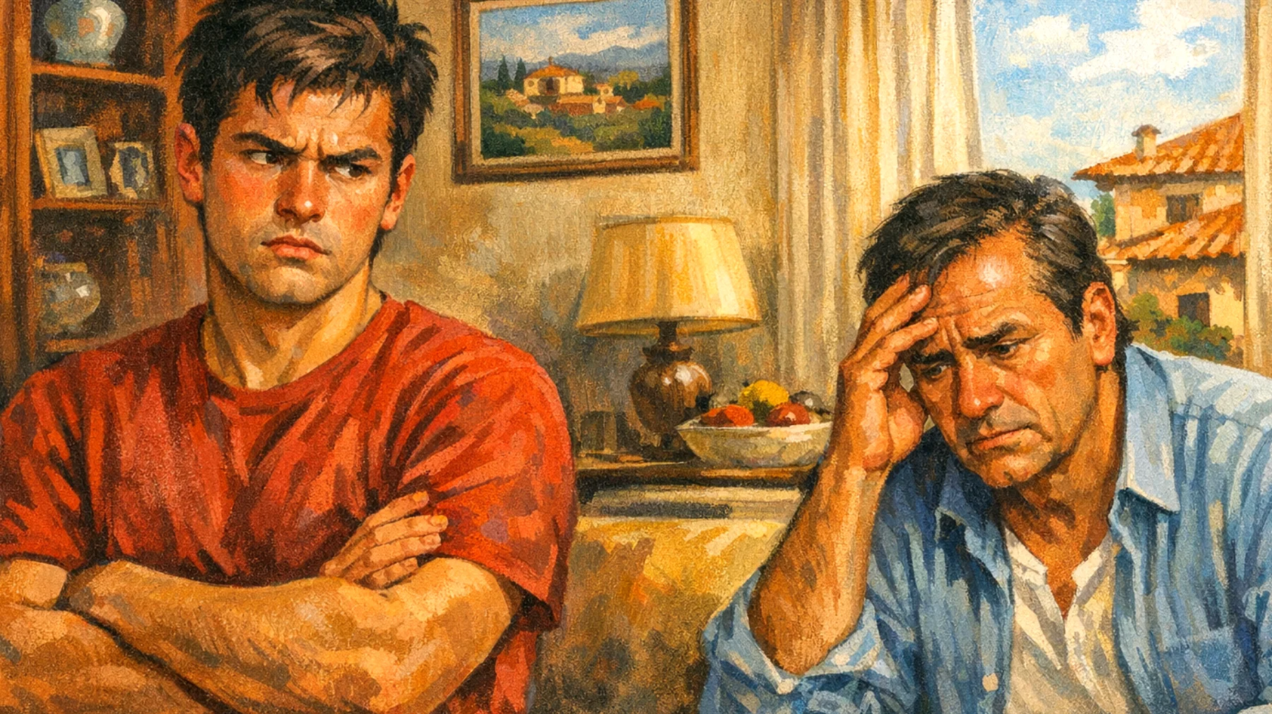 Padre che fatica a gestire le emozioni intense del figlio giovane adulto, il quale manifesta ansia, rabbia o frustrazione senza riuscire a comunicarle in modo costruttivo, creando tensioni e incomprensioni nel rapporto"