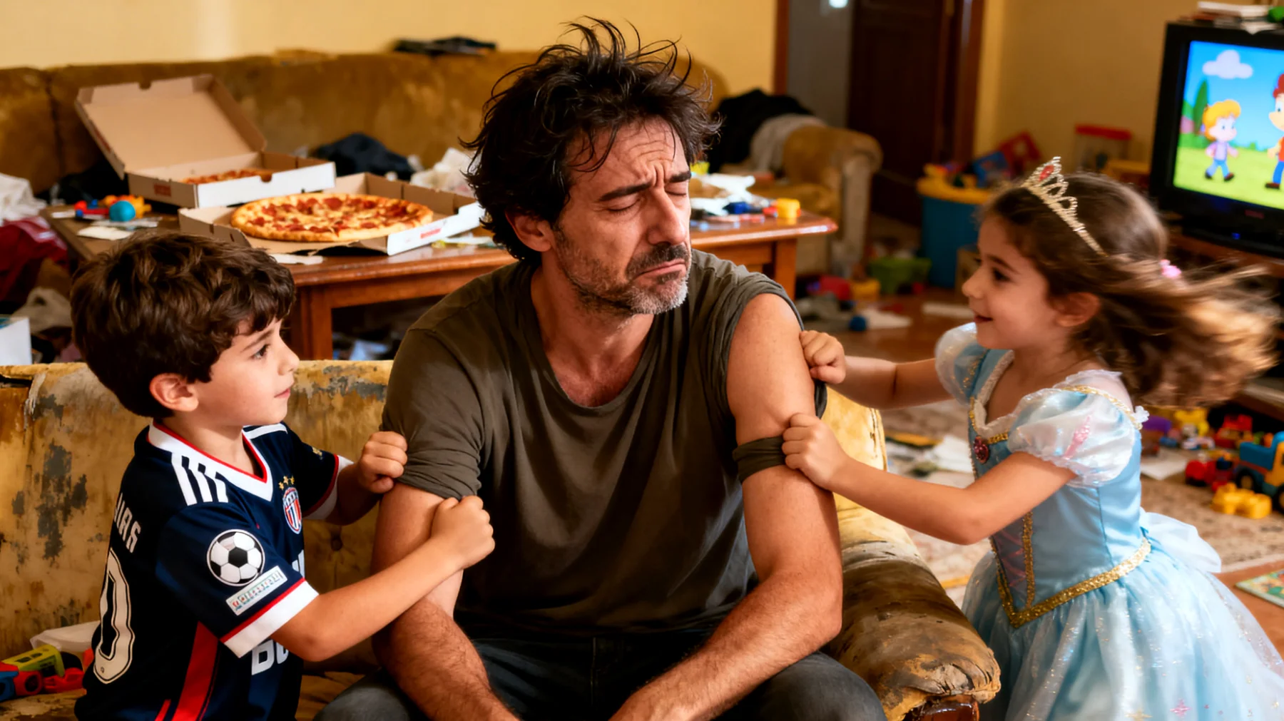 Un papà fatica a gestire la gelosia e la rivalità tra i suoi bambini, che litigano continuamente per le sue attenzioni, creando tensioni e sensi di colpa quando deve dedicare tempo a uno piuttosto che all'altro"