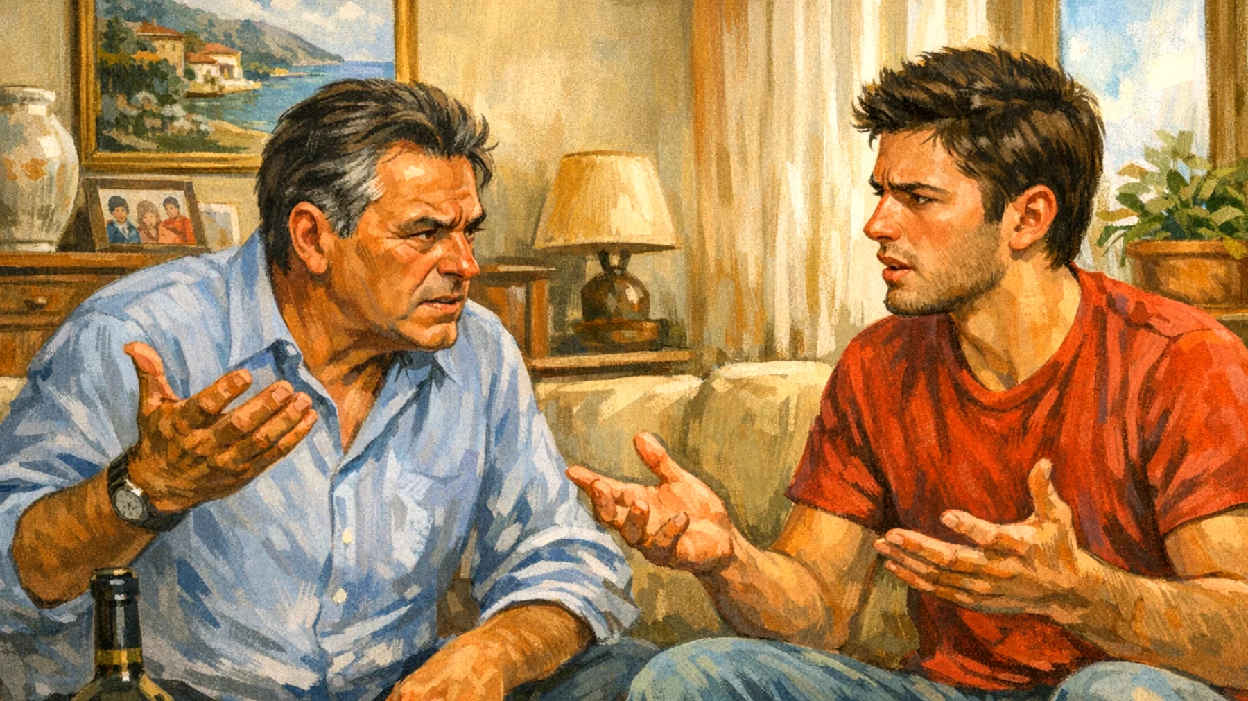 Papà che fatica a stabilire regole e limiti efficaci con il figlio giovane adulto, generando tensioni e conflitti sulla gestione della vita quotidiana, delle responsabilità domestiche e delle aspettative reciproche"