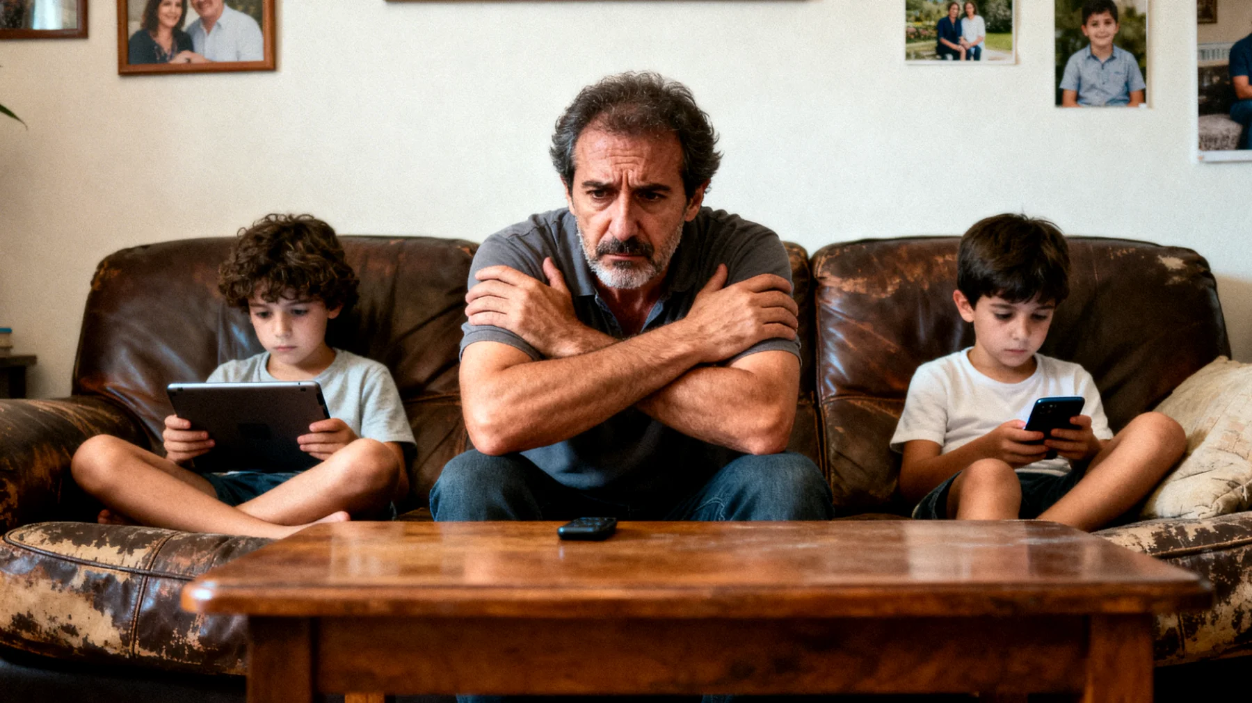 Un papà che fatica a comprendere e relazionarsi con i suoi bambini piccoli a causa di differenze generazionali nei metodi educativi, nell'uso della tecnologia e nelle aspettative su come dovrebbero comportarsi i figli"